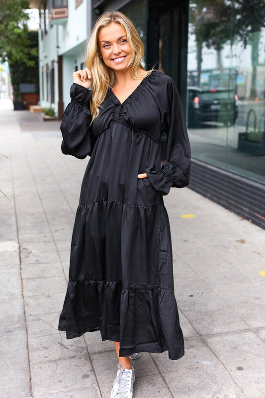 Elegant Black Elastic V Neck Tiered Satin Maxi Dress