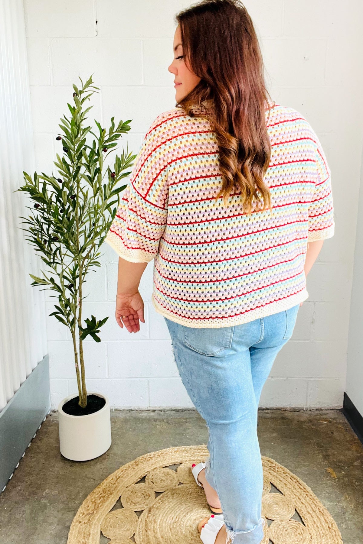 Stand Out Oatmeal & Lavender Stripe Netted Crochet Sweater Top