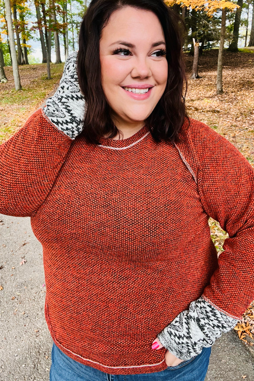 Rust Textured Aztec Outseam Top