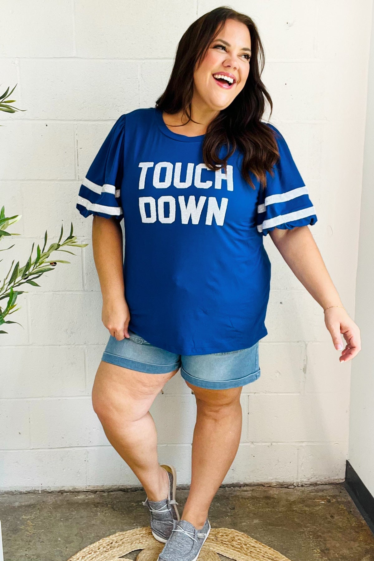 Stand Out Blue "TOUCHDOWN" Sequin Bubble Sleeve Game Day Top