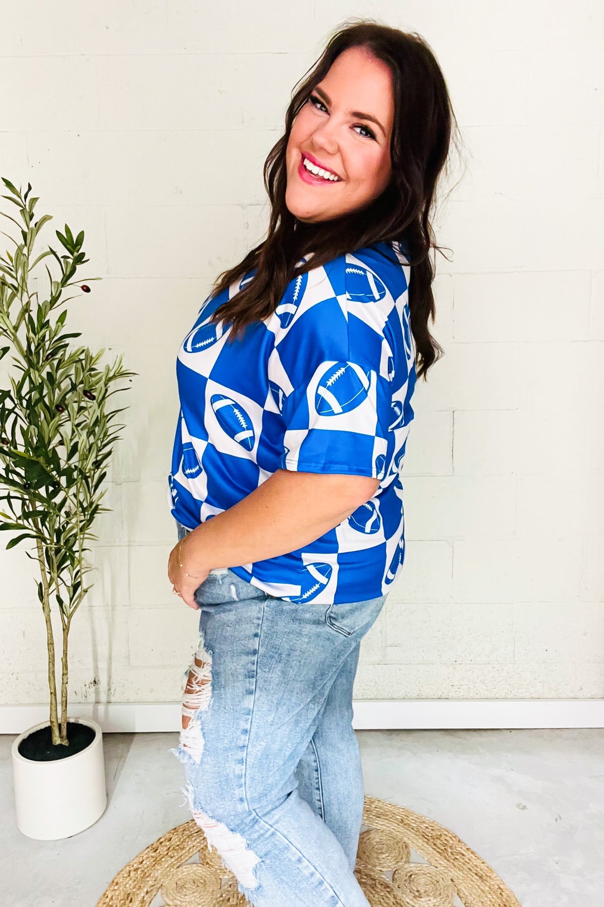 Turn Up The Volume Blue Football Checker Print Top