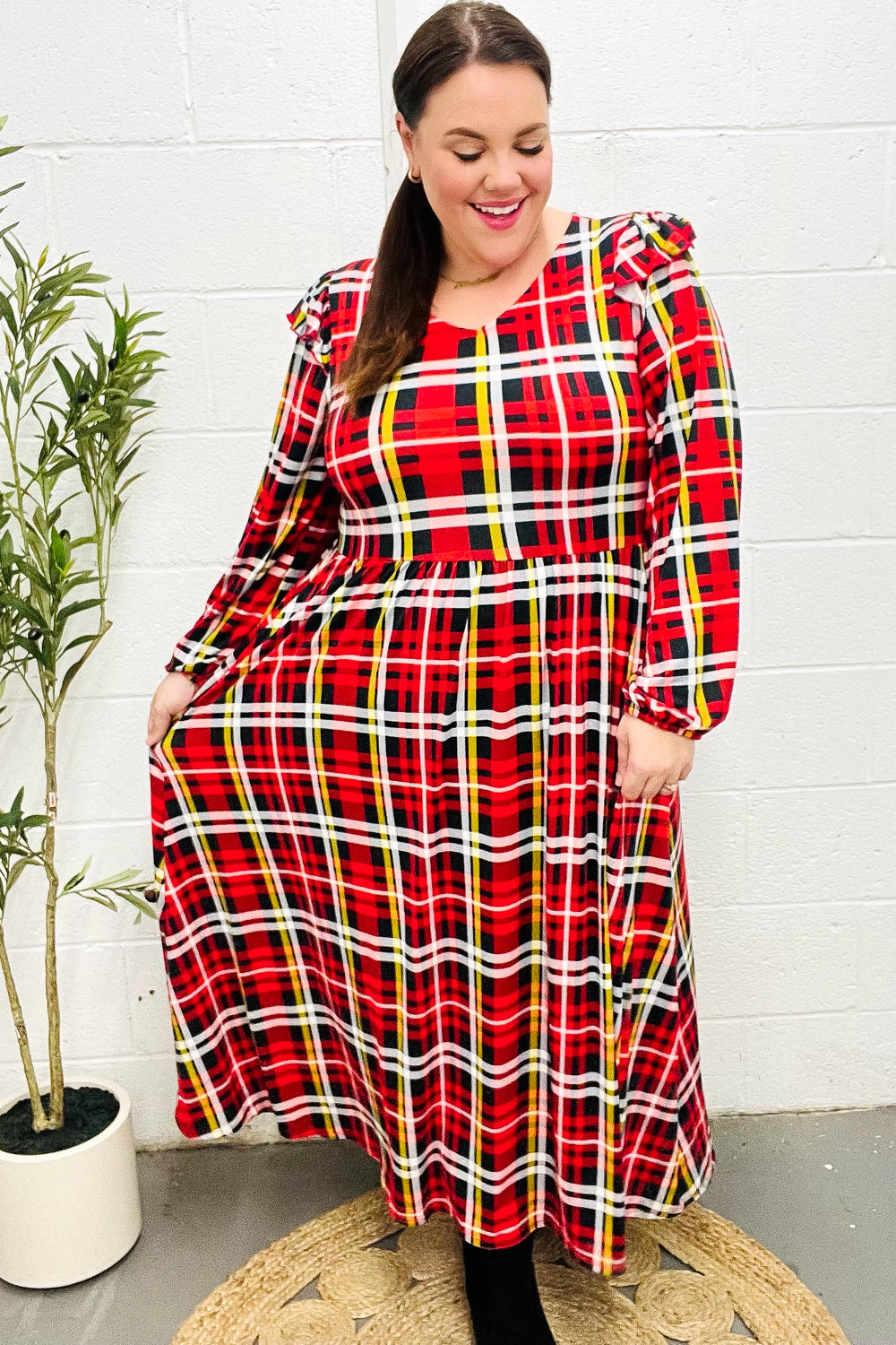 Adorable In Red Plaid Ruffle Detail Fit & Flare Midi Dress