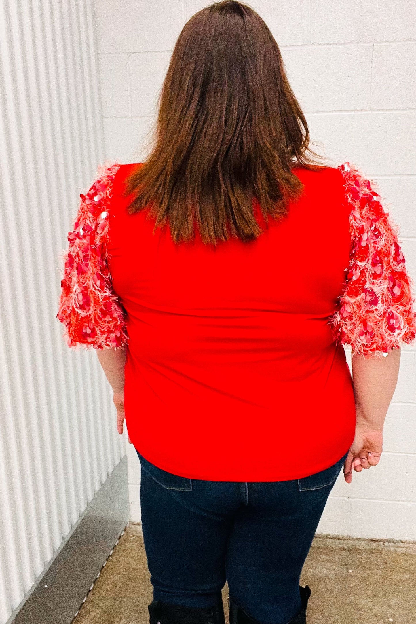 Come To Me Red Sequin Puff Short Sleeve Top