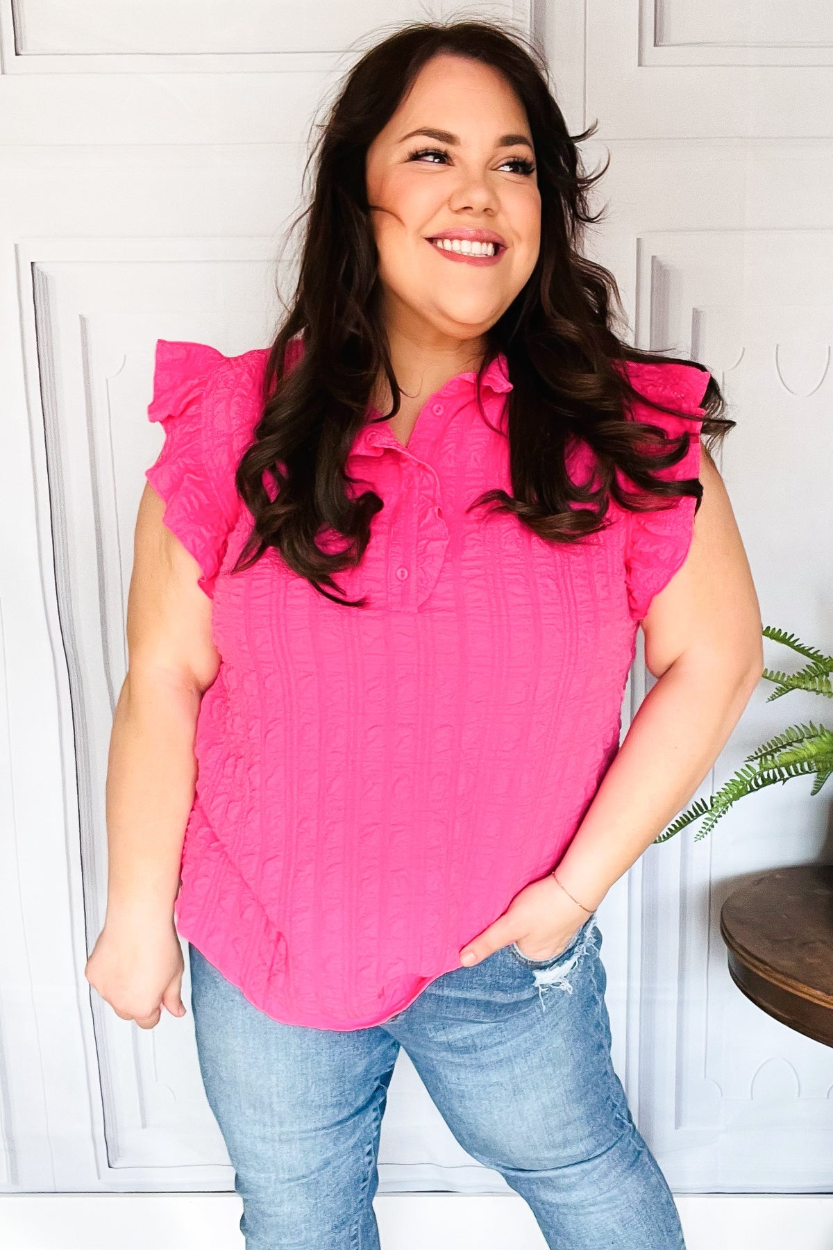 Glamorous In Hot Pink Textured Ruffle Mock Neck Top