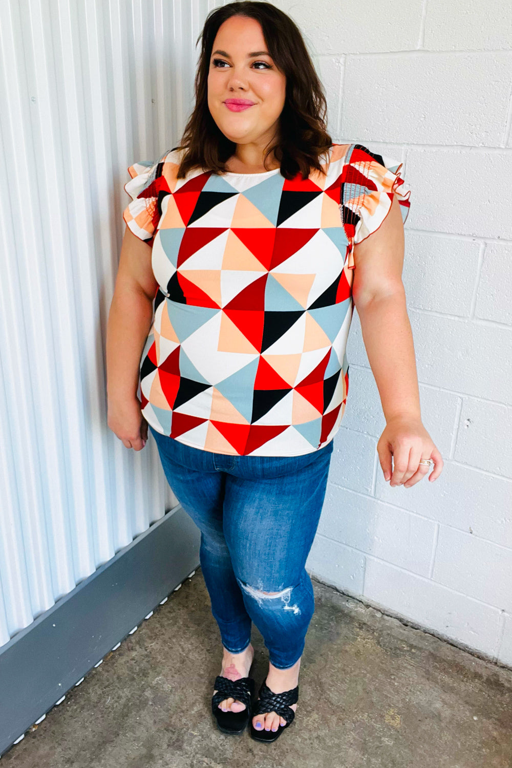 Burnt Orange Geo Print Smocked Ruffle Frill Sleeve Top