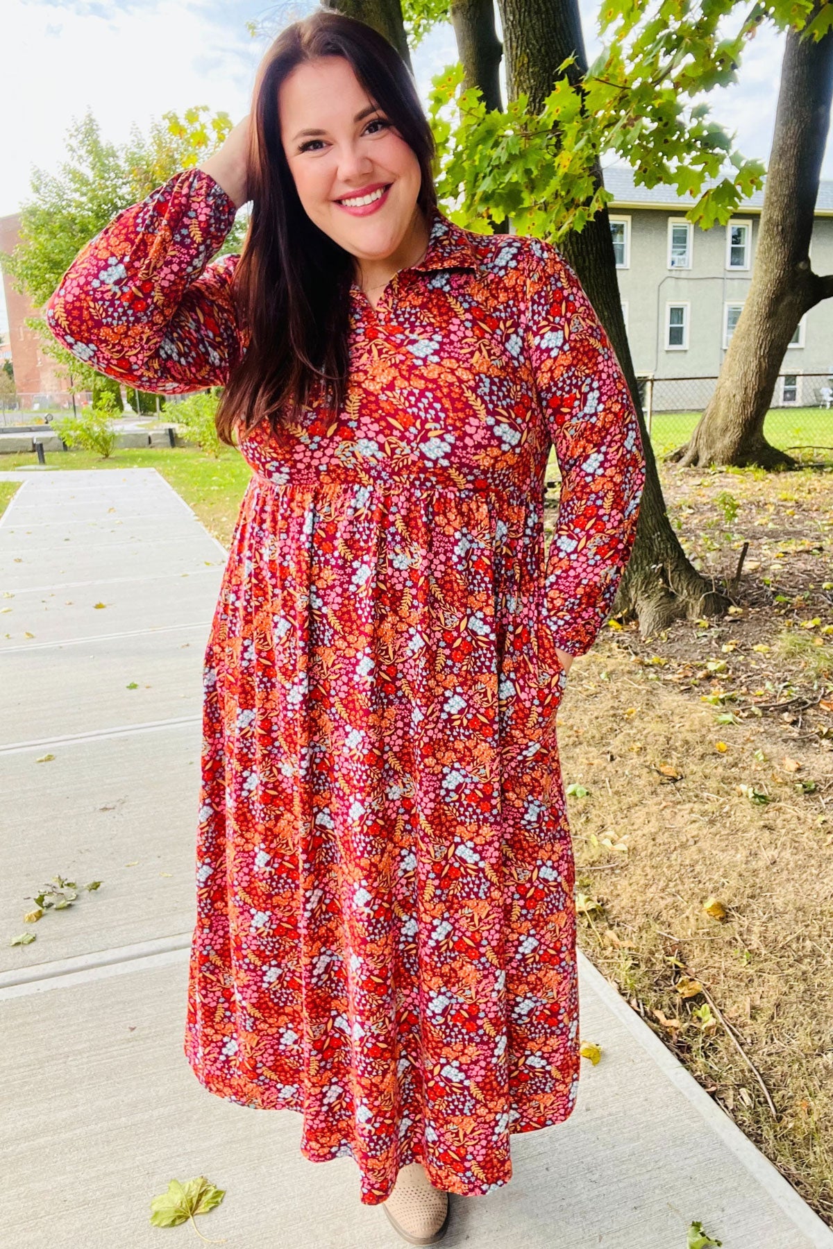 Casual Living Burgundy Floral Collared Fit & Flare Maxi Dress