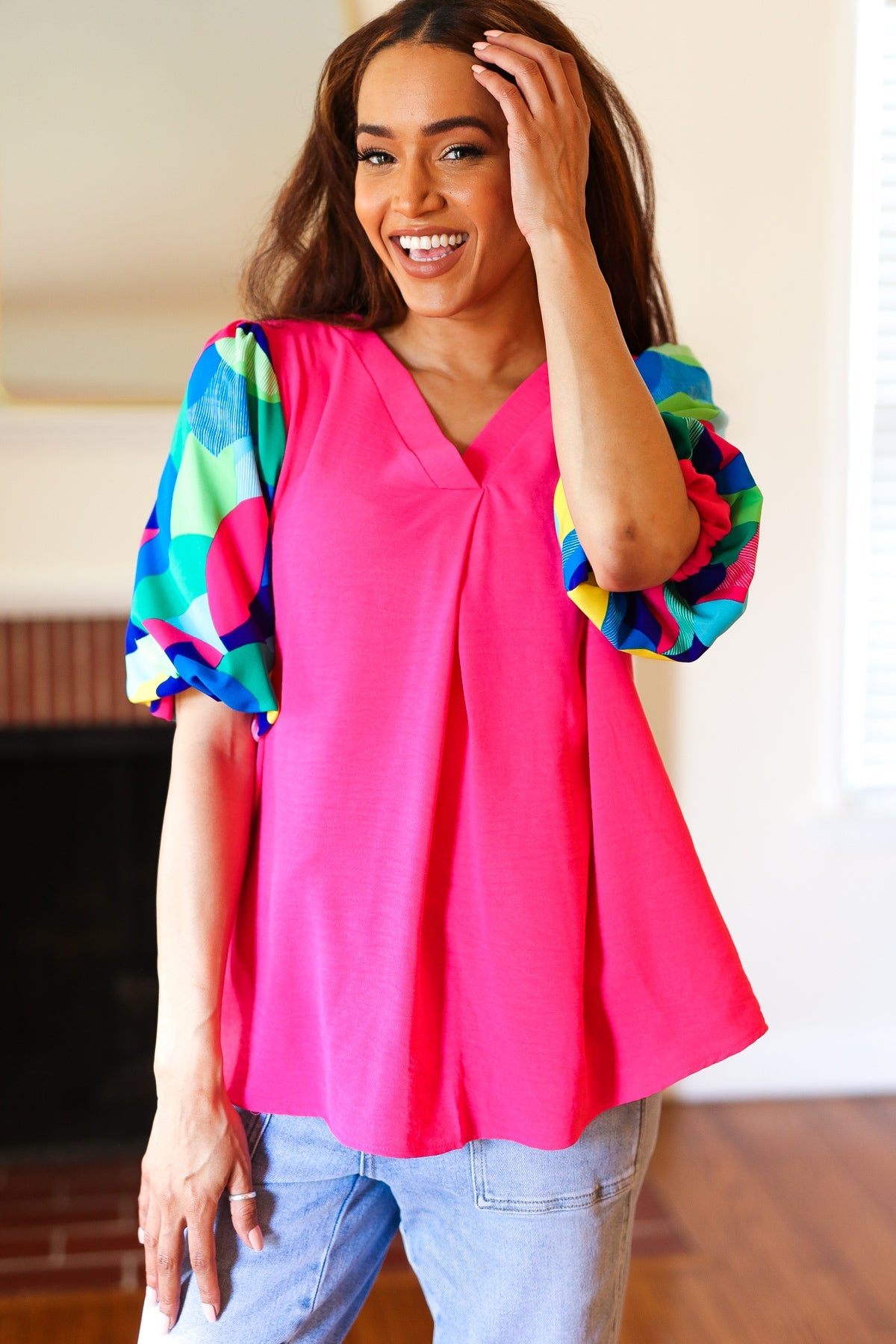 Tell Your Story Fuchsia Geo Print Puff Sleeve V Neck Top