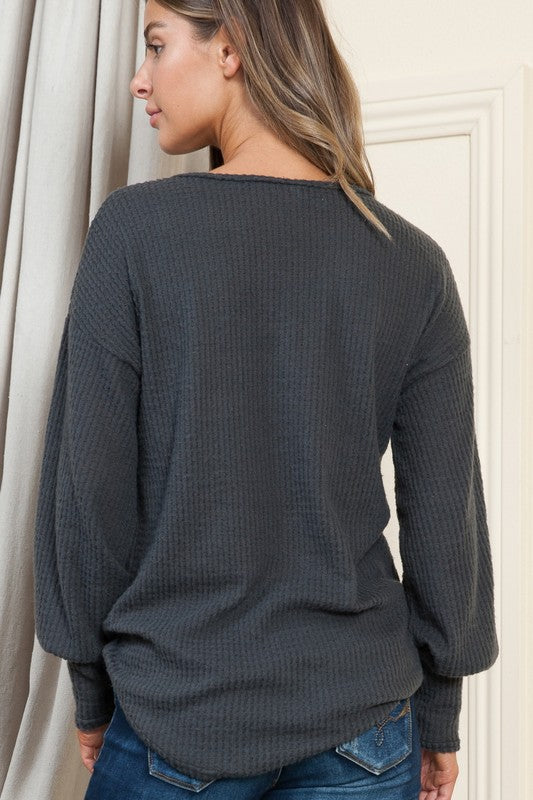 Plus Solid Long Sleeve Waffle Top