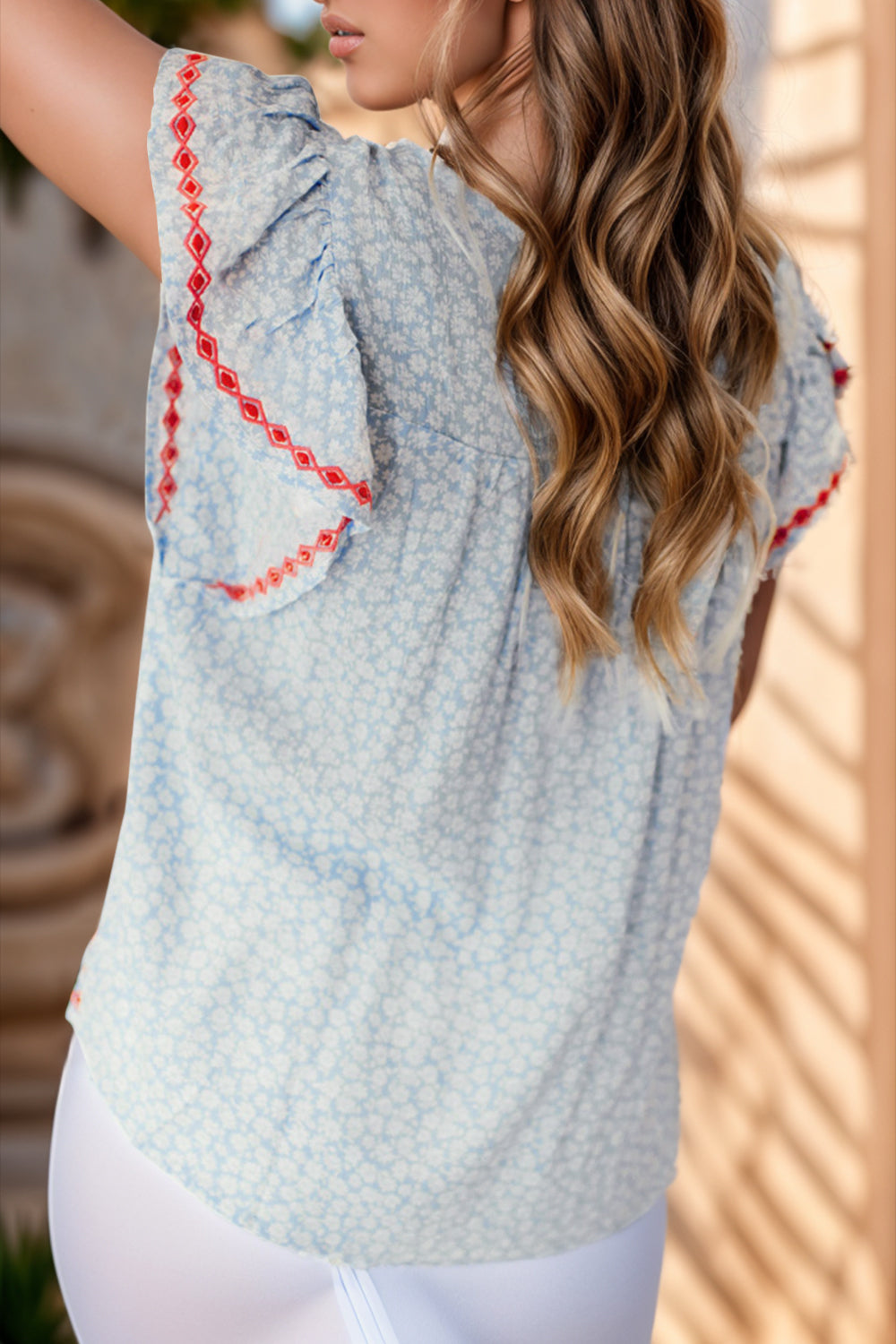 Embroidered Round Neck Cap Sleeve Blouse