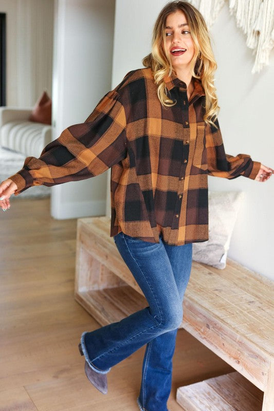 Rock'n Plaid Camel & Charcoal Button Down Oversized Shirt