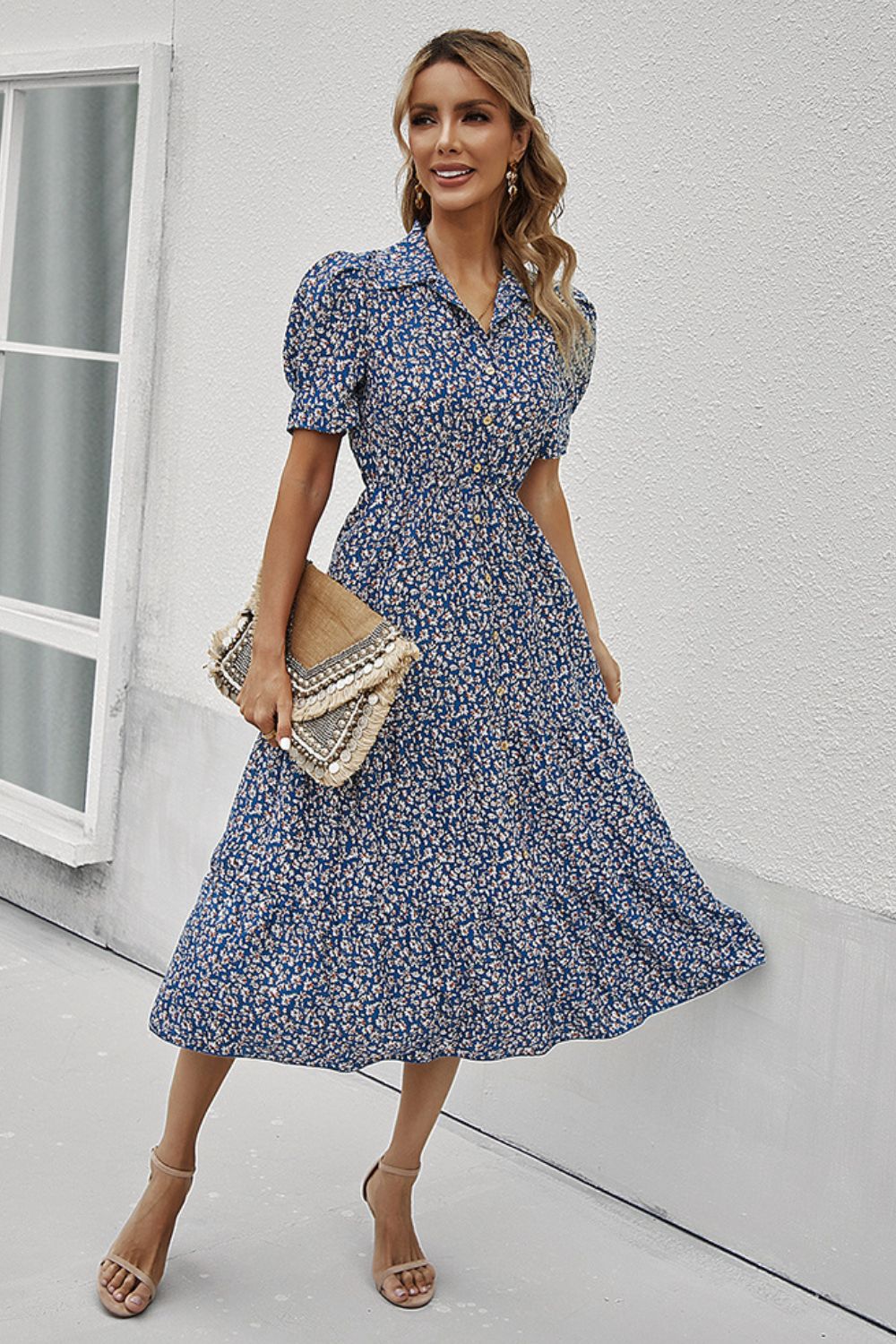 Printed Button Front Short Puff Sleeve Midi Dress