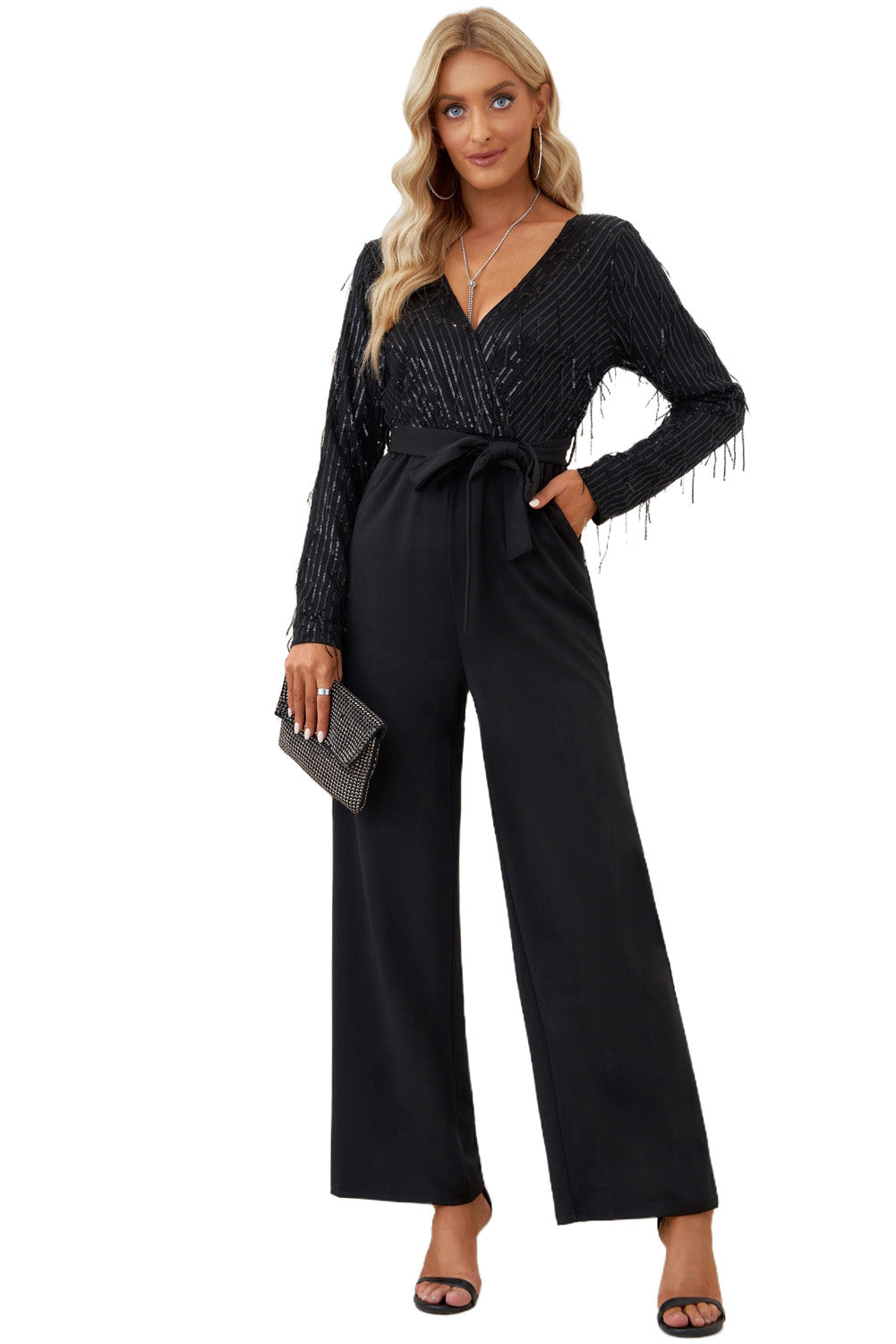 Charleston Nights Sequin Fringes V Neck Long Sleeve Jumpsuit