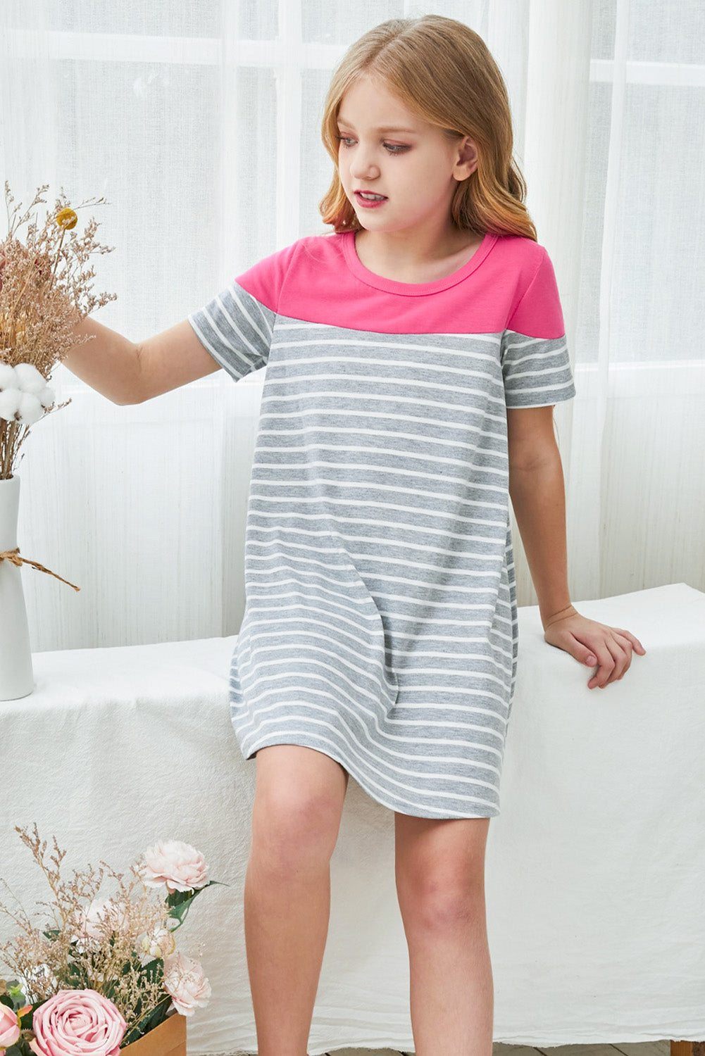 Girls Striped Contrast Round Neck T-Shirt Dress