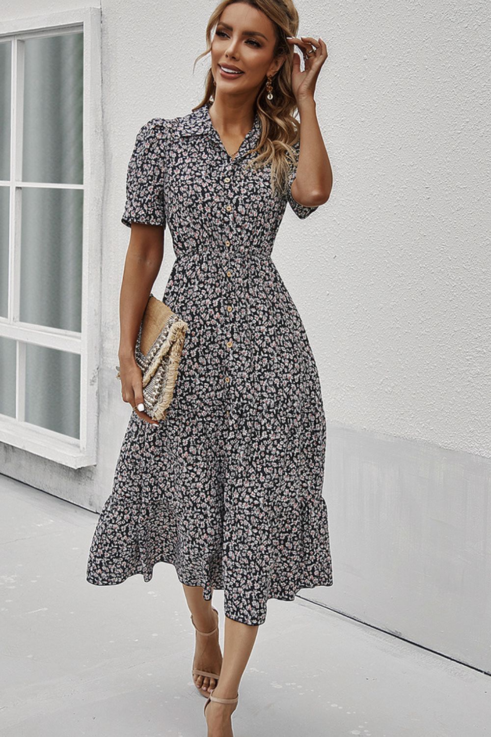 Printed Button Front Short Puff Sleeve Midi Dress