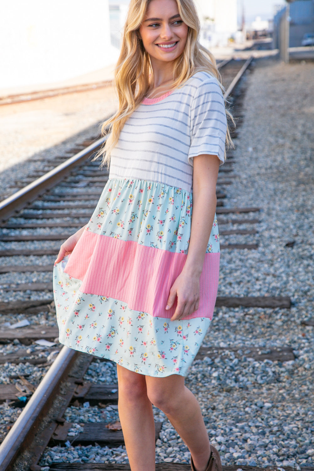 Floral and Stripe Color Block Fit and Flare Rib Dress