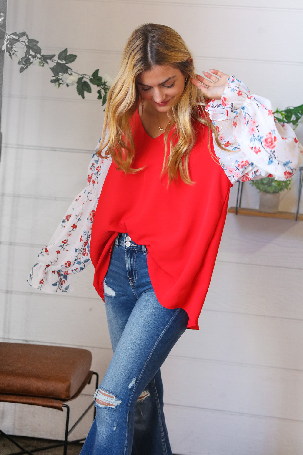 Red Chiffon Foiled Floral Thread Ruffle Sleeve Blouse