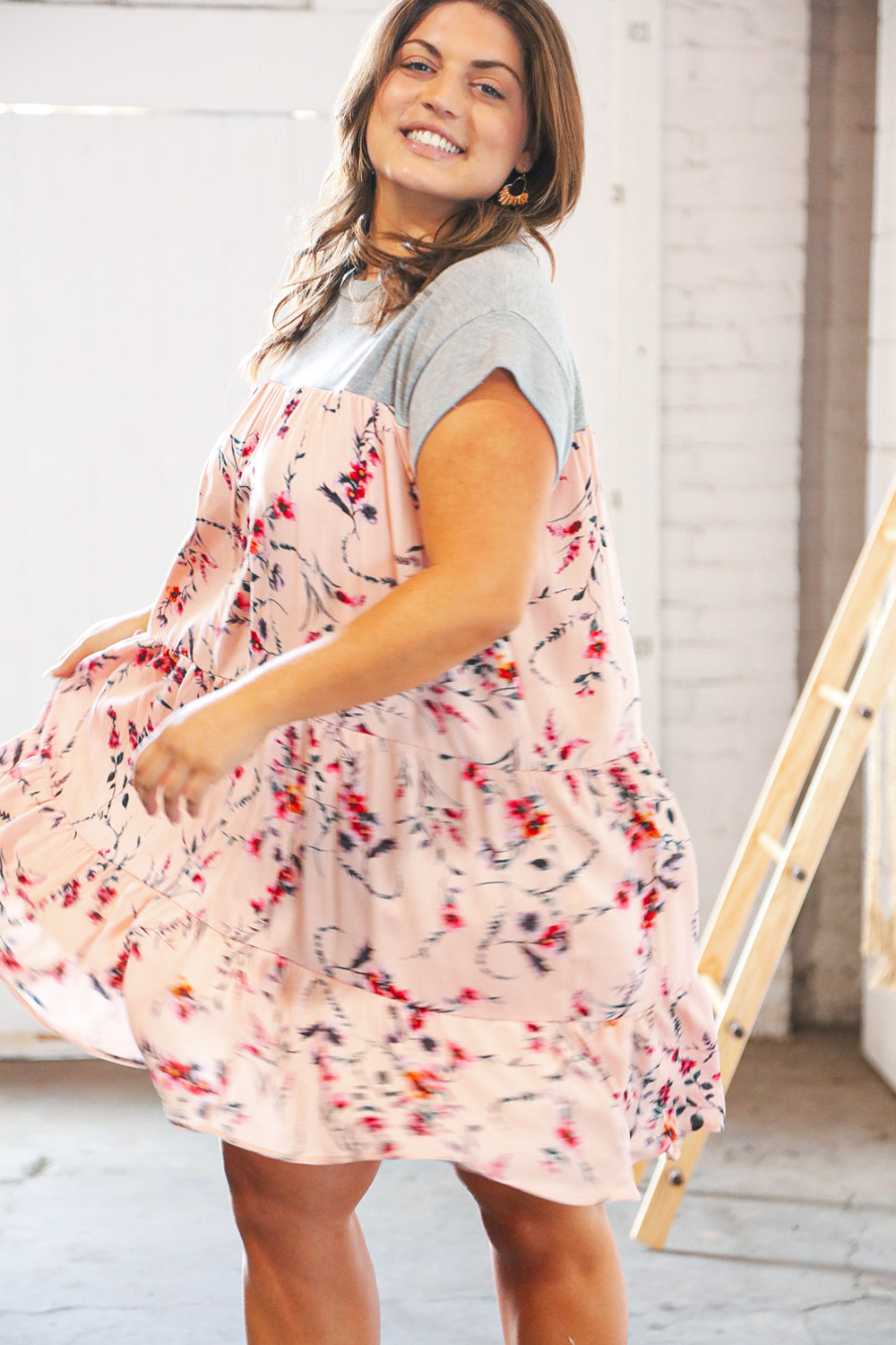 Blush Floral Crinkle Rayon & Terry Babydoll Tiered Dress