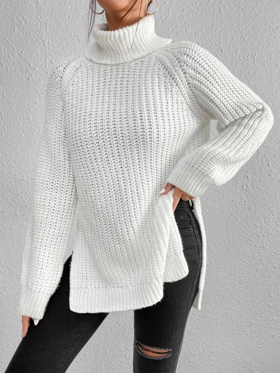 Full Size Turtleneck Rib-Knit Slit Sweater