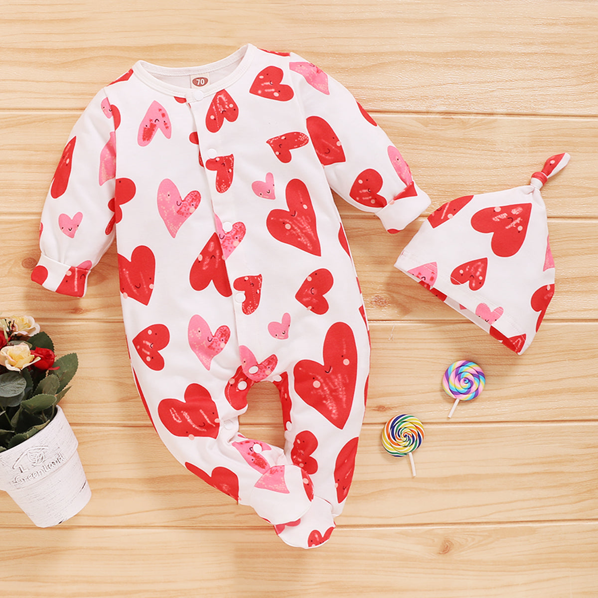 Baby Girl Heart Print Jumpsuit with Beanie