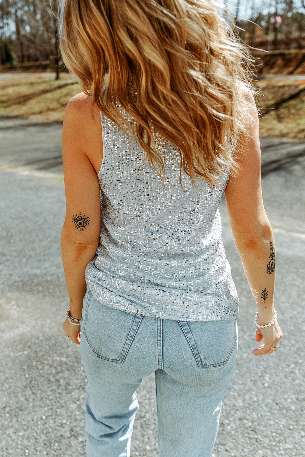 Sequin Button Front V-Neck Tank