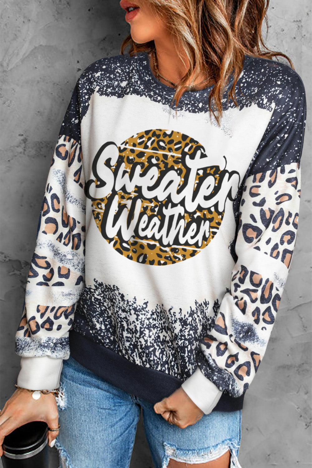 Merry Christmas Multi Tree Print Leopard Sleeve Sweatshirt