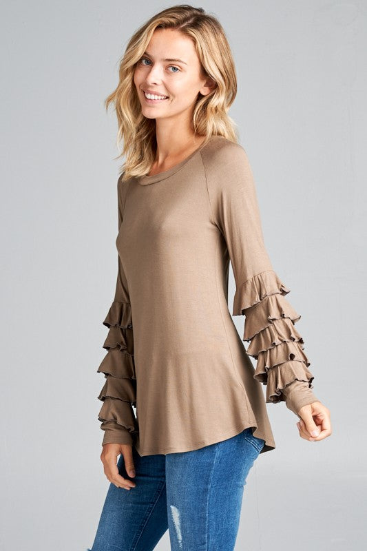 MINI TIERED RUFFLE LONG SLEEVE ROUND NECK TOP