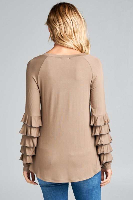 MINI TIERED RUFFLE LONG SLEEVE ROUND NECK TOP