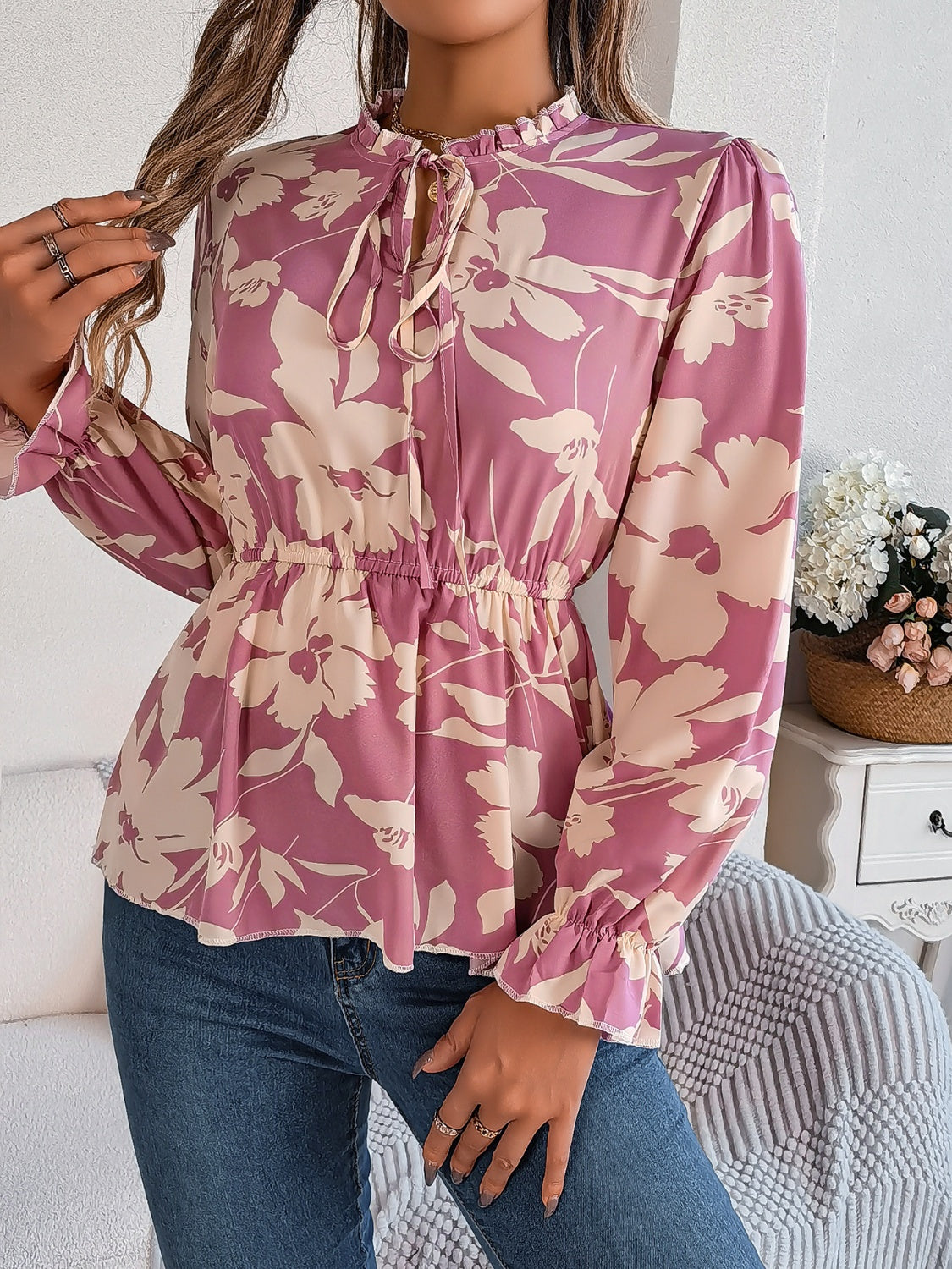 Printed Tie Neck Flounce Sleeve Blouse