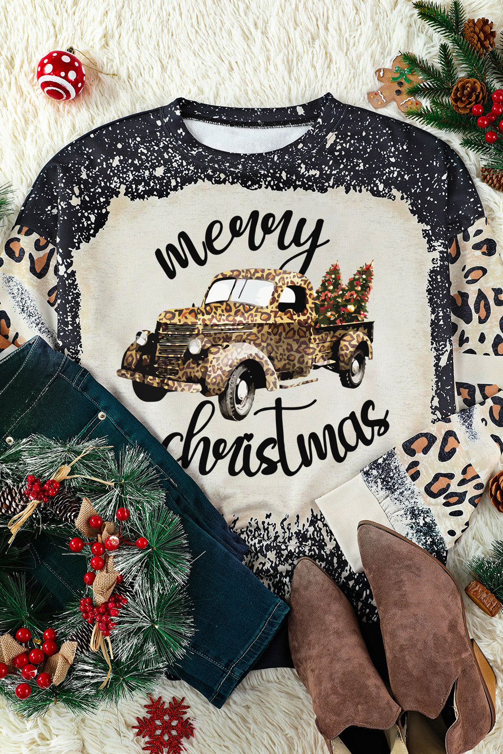 Merry Christmas Multi Tree Print Leopard Sleeve Sweatshirt