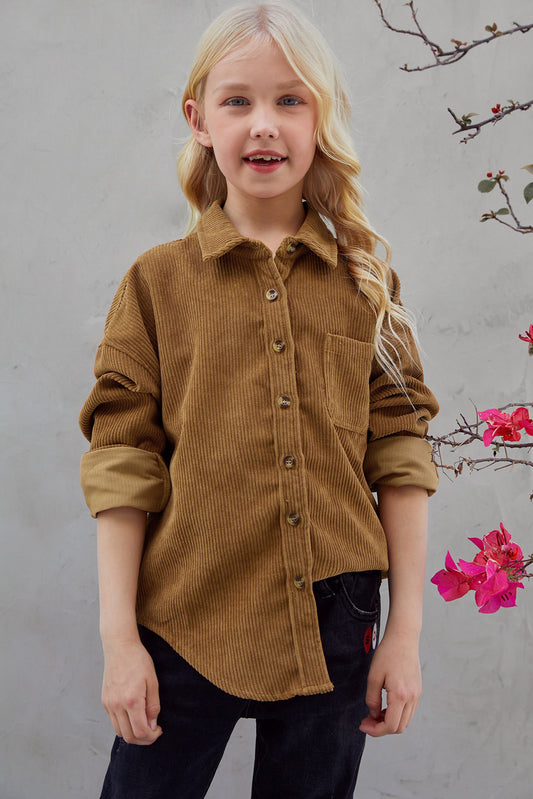 Girls Curved Hem Corduroy Shirt Jacket with Pocket