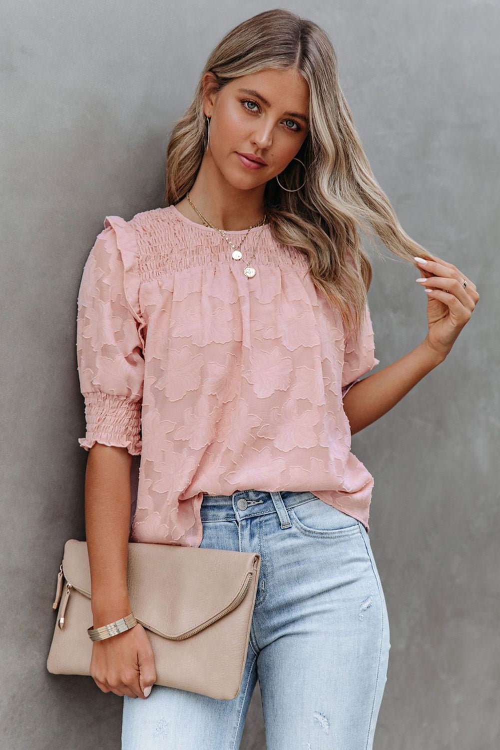 Smocked Jacquard Textured Blouse