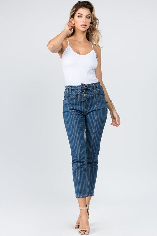 STRIPED SKINNY ANKLE LENGTH DENIM W/ BELT