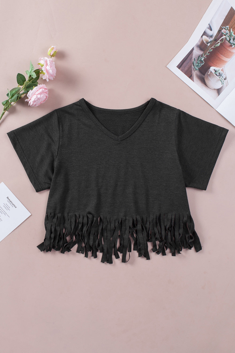 Fringe Hem V Neck T Shirt