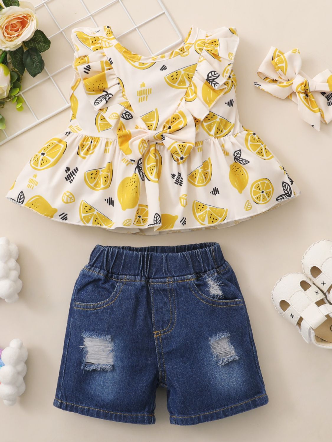 Girls Lemon Print Sleeveless Top and Distressed Denim Shorts Set