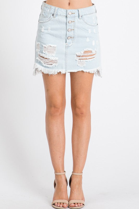 BUTTON FLY NON STRETCH DISTRESSED SHORT SKIRT