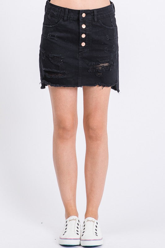 BUTTON FLY DISTRESSED SHORT SKIRT