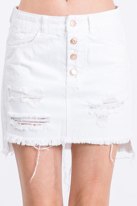 BUTTON FLY DISTRESSED SHORT SKIRT