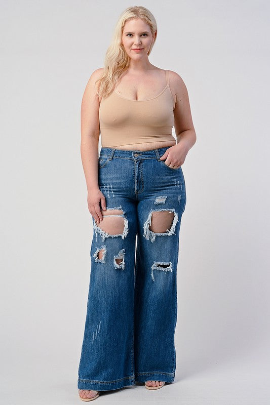 BIG SIZE MID RISE DISTRESSED WIDE LEG BOYFRIEND