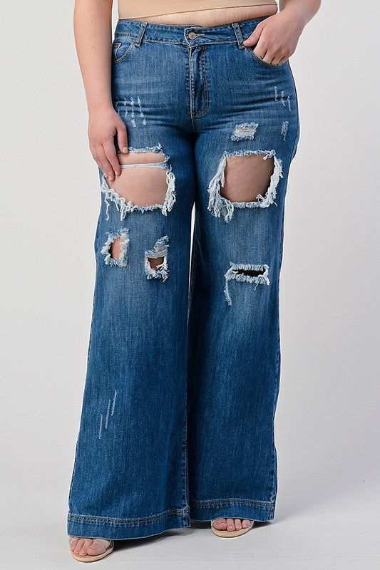 BIG SIZE MID RISE DISTRESSED WIDE LEG BOYFRIEND