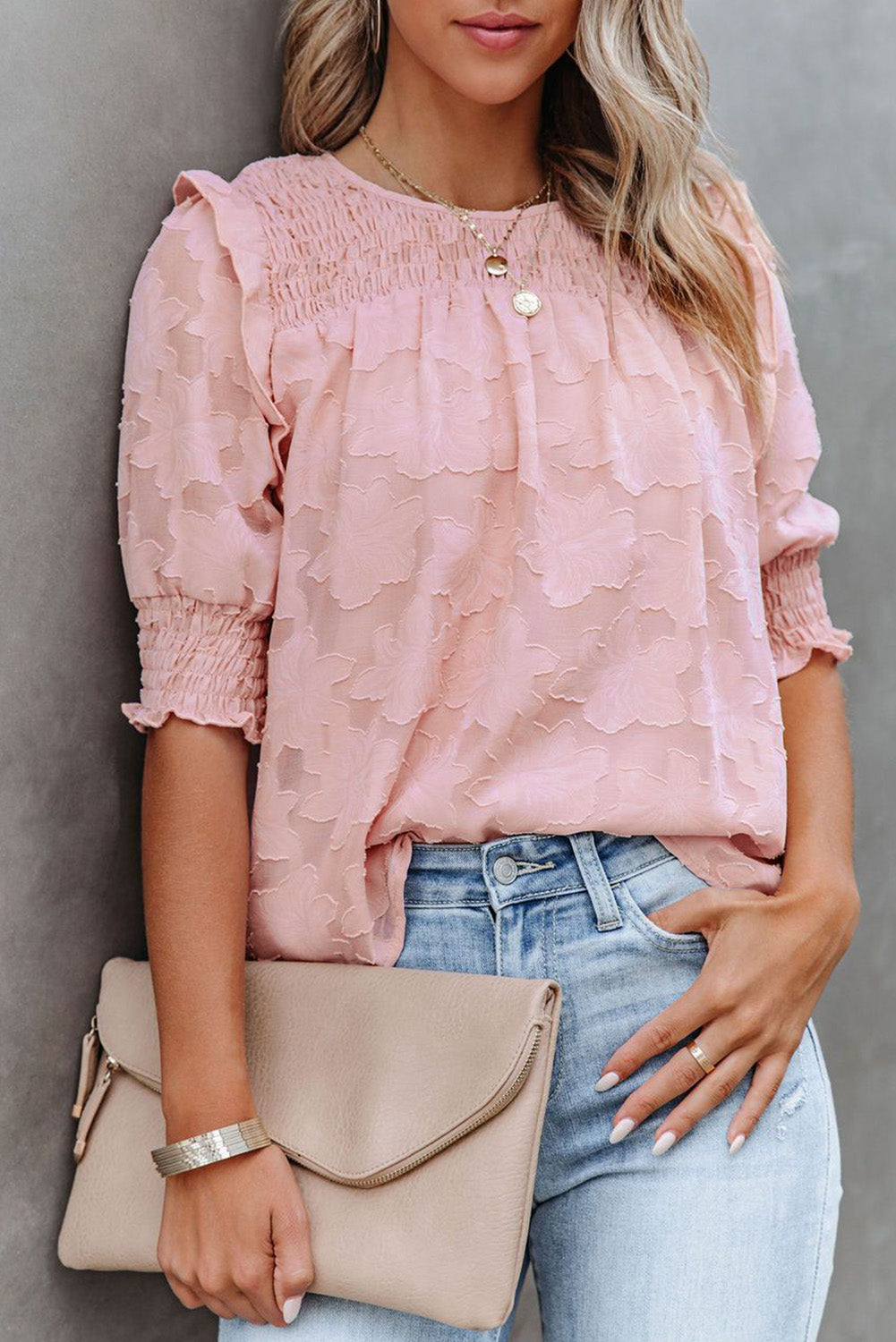 Smocked Jacquard Textured Blouse