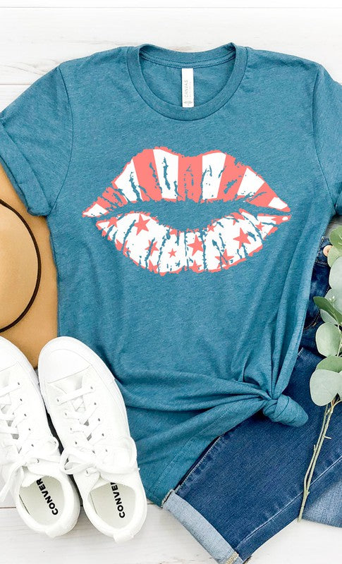 White Stars & pink stripes lips graphic tee