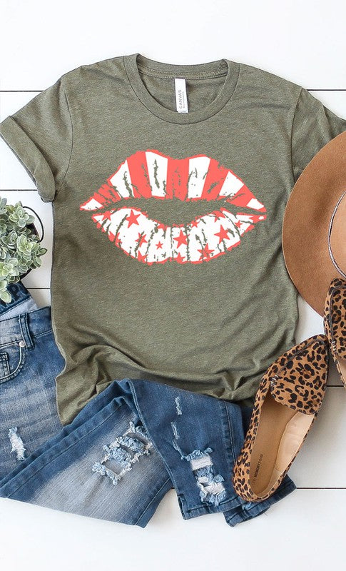 White Stars & pink stripes lips graphic tee