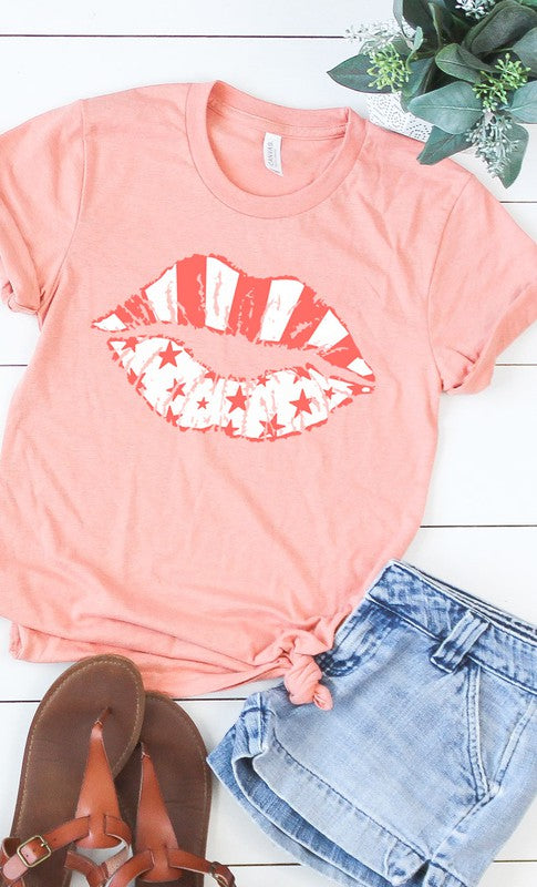 White Stars & pink stripes lips graphic tee