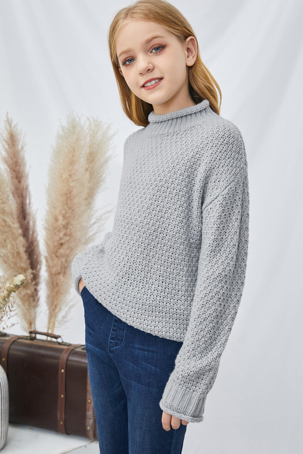 Girls Rolled Hem Dropped Shoulder Sweater