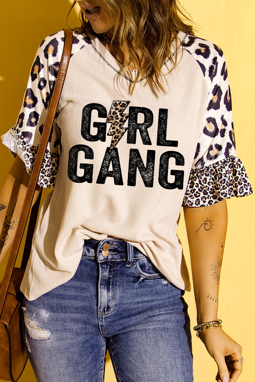 GIRL GANG Leopard V-Neck Flounce Sleeve Top