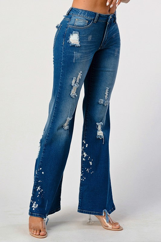 DISTRESSED SPOTTED ACID WASH STRIGHT LEG JEANS