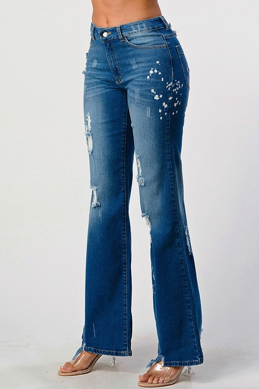 DISTRESSED SPOTTED ACID WASH STRIGHT LEG JEANS