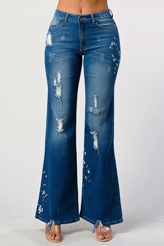 DISTRESSED SPOTTED ACID WASH STRIGHT LEG JEANS