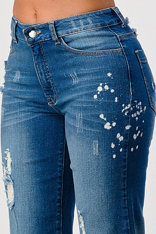 DISTRESSED SPOTTED ACID WASH STRIGHT LEG JEANS