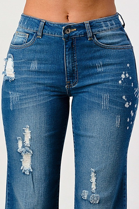 DISTRESSED SPOTTED ACID WASH STRIGHT LEG JEANS